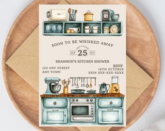 Kitchen Bridal Shower Invitation: Vintage Whisked Away Design (Editable Canva Template)