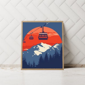 Puede incluir: Una ilustración de estilo retro de un paisaje de montaña con un sol rojo poniéndose detrás de un telesilla con tres góndolas. Las montañas son azules y blancas, y el cielo es naranja y rosa.