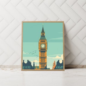 May include: A framed print of Big Ben, the iconic clock tower in London, England. The print features a teal background with a yellow clock tower and white clouds. The clock face is visible with black hands and Roman numerals.
