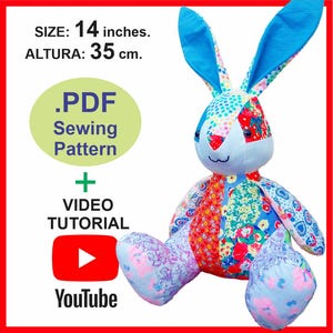 May include: A PDF sewing pattern for a patchwork bunny plushie, 14 inches tall. The pattern includes a video tutorial on YouTube.