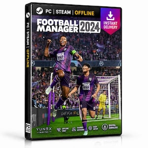 Puede incluir: Una caja de juego física para Football Manager 2024 para PC Steam. La portada muestra a dos futbolistas con uniformes morados celebrando en un campo frente a una multitud. El texto incluye Football Manager 2024, Offline e Instant Delivery.