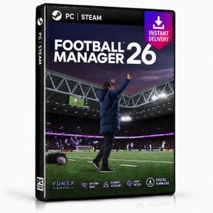 May include: A physical game case for Football Manager 26 for PC Steam. The cover features a person in a blue jacket standing on a soccer field inside a stadium. Text includes Football Manager 26, PC Steam, and a purple Instant Delivery badge.