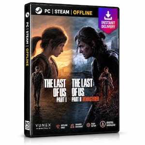 以下が含まれることがあります： The Last of Us Part IおよびPart II Remasteredを収録した黒いPCゲームケース。カバーアートには、オレンジと青の対照的な背景に2人のキャラクターが描かれています。テキストにはPC、STEAM、OFFLINE、INSTANT DELIVERY、YUNEX DIGITALが含まれています。