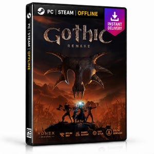 以下が含まれることがあります： Gothic RemakeのPCゲームケース。暗く燃えるような風景の中に、トゲのある大きな暗いクリーチャーの仮面が4人のシルエットの上に浮かんでいる。カバーにはGothic Remake、Steam、Offline、Yunex Digitalの文字が記載されている。