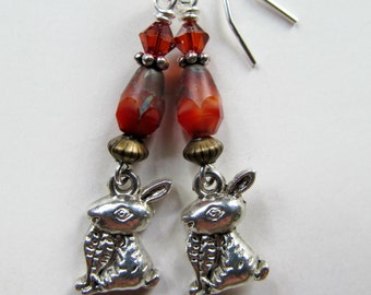 Rabbits - Orange Bunny Czech Glass Beaded Two Tone Sterling Silver Earrings