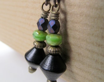 Purple, Lime Green and Black Beaded Niobium Earrings