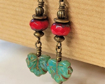 Red with Teal Czech Glass Leaves Beaded Niobium Earrings - BeadedTail