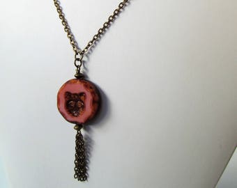 Rose Pink Kitty Cat Czech Glass Antiqued Brass Chain Necklace - Long 32 inches - BeadedTail - Cat Lover Gift - Cat Lady Gift