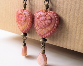 Rose Pink with a Hint of Yellow Czech Glass Heart with Flowers and and Dangling Teardrop Beads Niobium Earrings - Love - BeadedTail