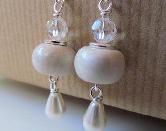 White Polymer Clay, Swarovski Crystal and Pearl Beaded Sterling Silver Earrings - BeadedTail - Wedding