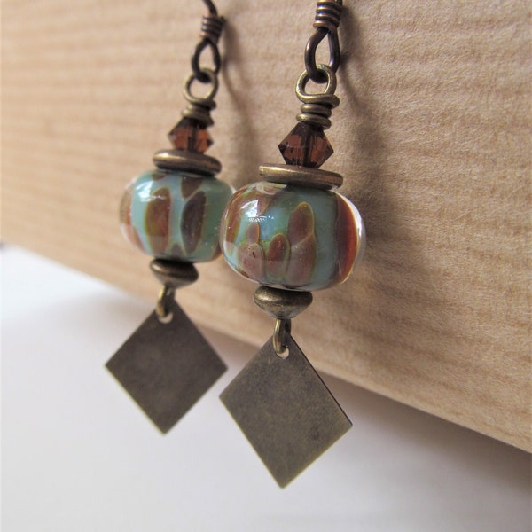 Turquoise and Brown Animal Print Lampwork Glass Niobium Earrings - Wildlife - BeadedTail