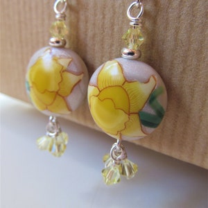 Yellow Daffodil Polymer Clay and Swarovski Crystal Beaded Sterling Silver Earrings BeadedTail Spring Flowers image 1