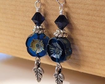 Midnight Blue Czech Glass Flower and Swarovski Crystal Beaded Sterling Silver Earrings - BeadedTail - Fall Leaf