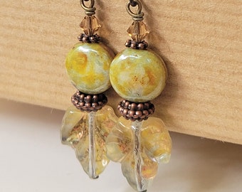 Golden Czech Glass with Vintage Look Leaves and Crystals Beaded Niobium Earrings - BeadedTail