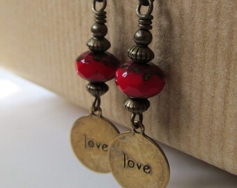 Love Charm and Red Beaded Niobium Earrings - Sweetheart