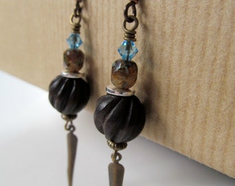 Sky Blue and Wood Beaded Niobium Earrings - Nature