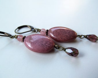 Pink Czech Glass Antiqued Bronze Leverback Earrings