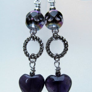 SALE Amethyst Hearts and Purple Iridescent Beads Sterling Silver Earrings image 4