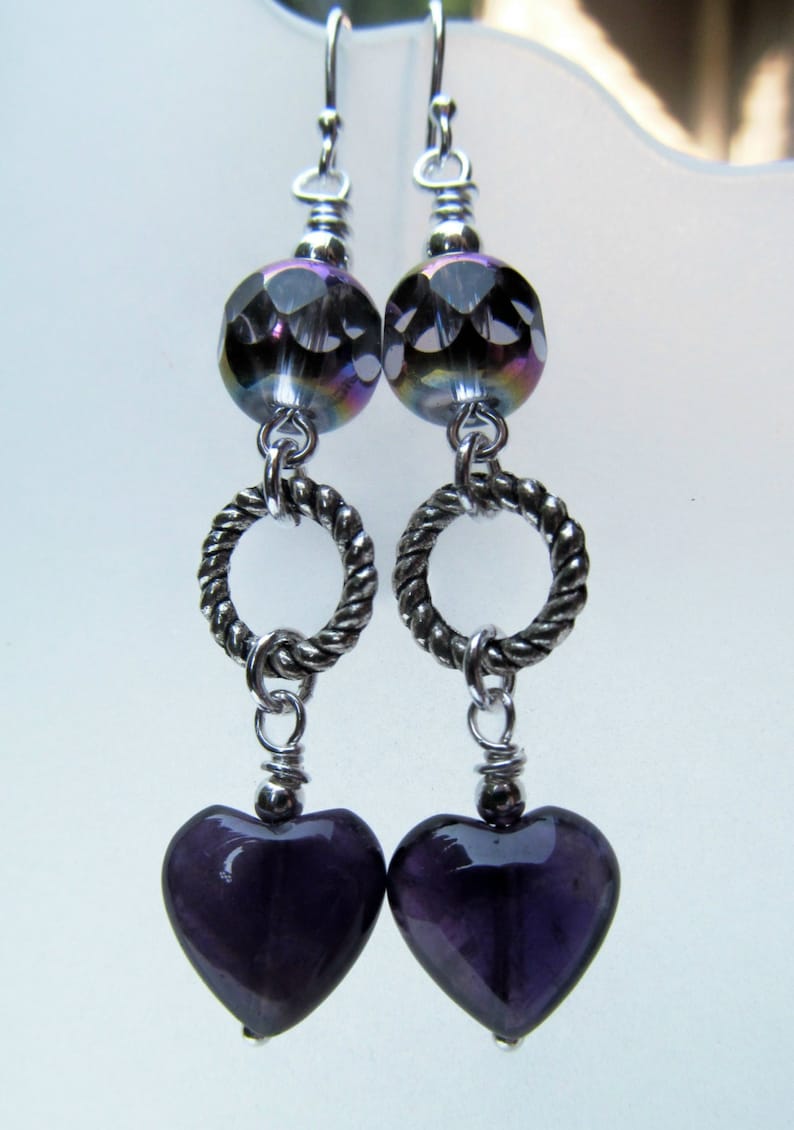 SALE Amethyst Hearts and Purple Iridescent Beads Sterling Silver Earrings image 4