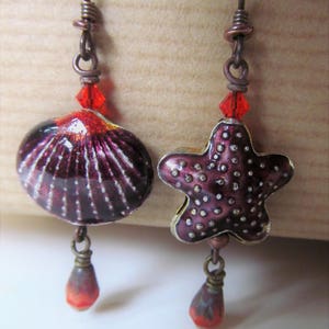 Shell and Starfish Purple and Orange Cloisonne Seashell and Starfish with Orange Swarovski Crystal Beaded Niobium Earrings BeadedTail image 3