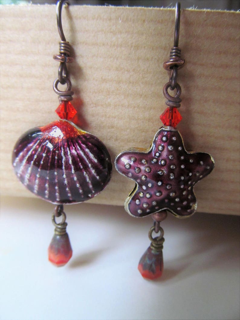 Shell and Starfish Purple and Orange Cloisonne Seashell and Starfish with Orange Swarovski Crystal Beaded Niobium Earrings BeadedTail image 3