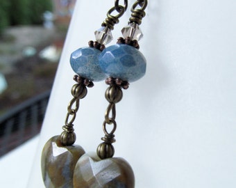 Blue Stone Heart and Czech Glass Beaded Niobium Earrings