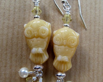 SALE Owl - Yellow Glass Owl and Swarovski Crystal and Pearl Beaded Sterling Silver Earrings - Wise One