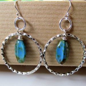 Blue, Green, Brown Czech Glass Hoops Sterling Silver Earrings image 1