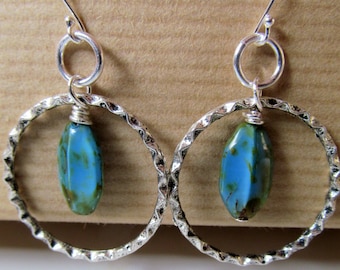 Blue, Green, Brown Czech Glass Hoops Sterling Silver Earrings