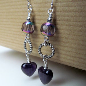 SALE Amethyst Hearts and Purple Iridescent Beads Sterling Silver Earrings image 2