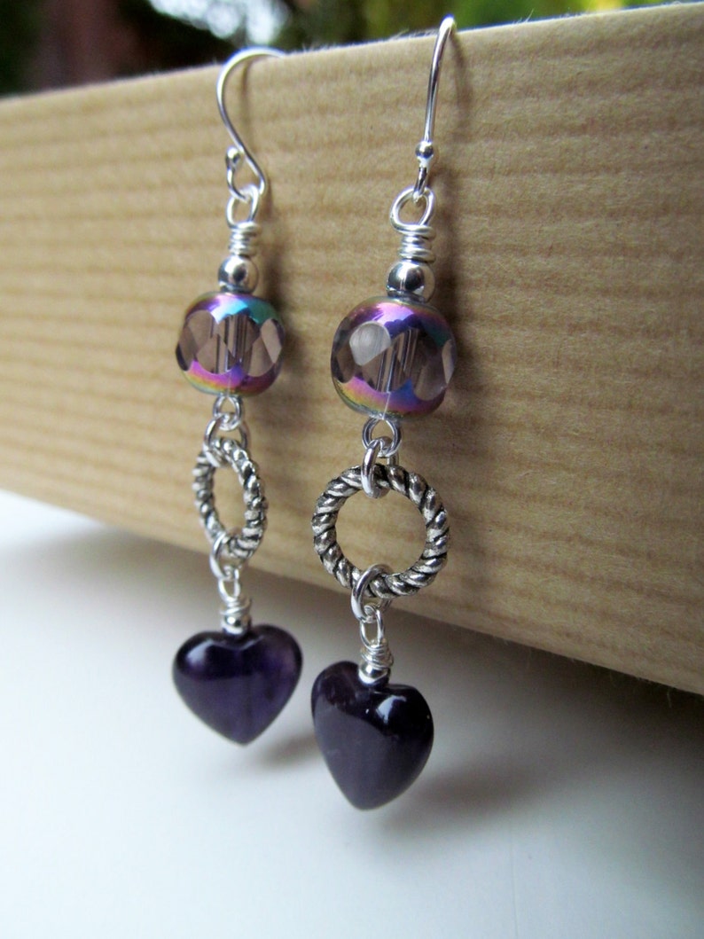 SALE Amethyst Hearts and Purple Iridescent Beads Sterling Silver Earrings image 2
