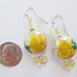 Yellow Daffodil Polymer Clay and Swarovski Crystal Beaded Sterling Silver Earrings BeadedTail Spring Flowers image 5