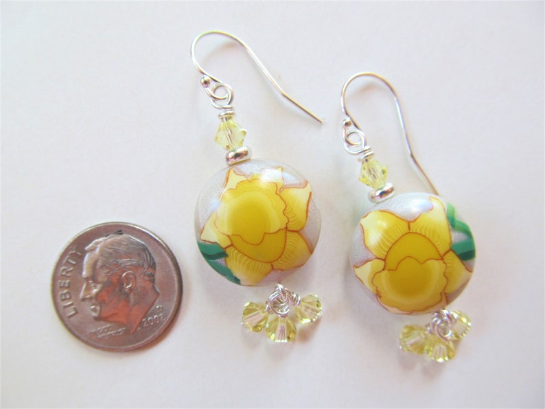 Yellow Daffodil Polymer Clay and Swarovski Crystal Beaded Sterling Silver Earrings BeadedTail Spring Flowers image 5