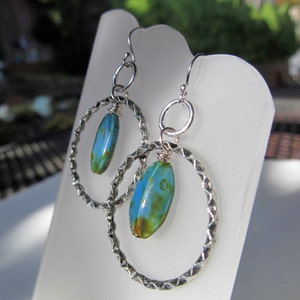 Blue, Green, Brown Czech Glass Hoops Sterling Silver Earrings image 2