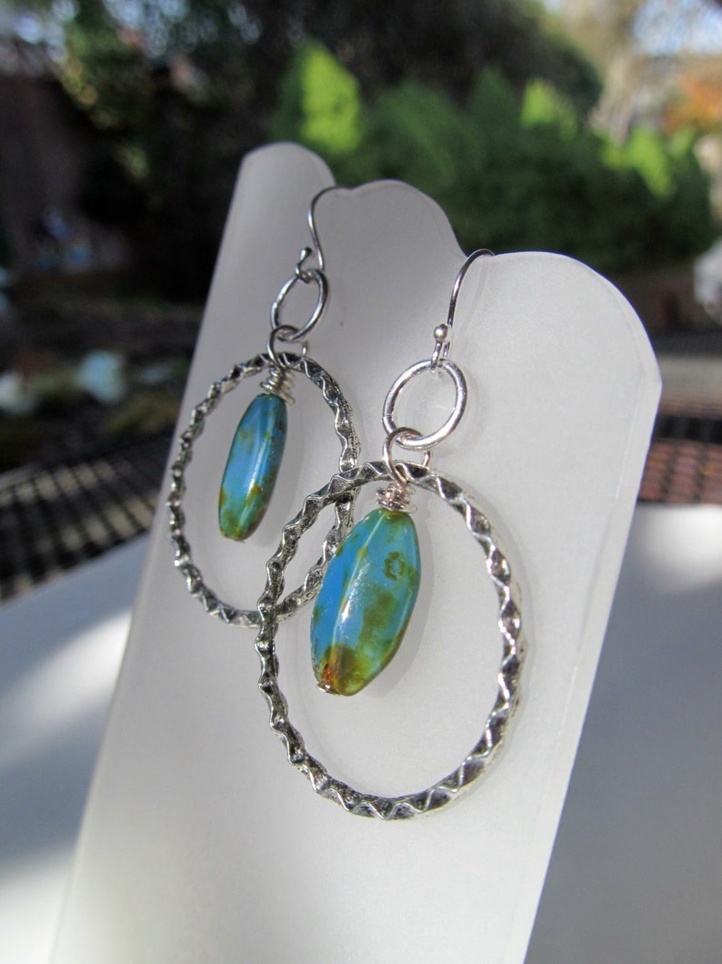 Blue, Green, Brown Czech Glass Hoops Sterling Silver Earrings image 2