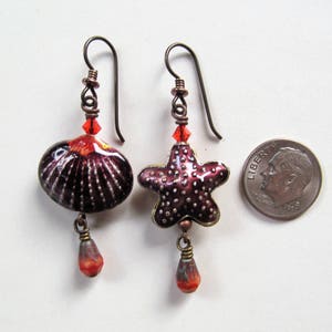 Shell and Starfish Purple and Orange Cloisonne Seashell and Starfish with Orange Swarovski Crystal Beaded Niobium Earrings BeadedTail image 7