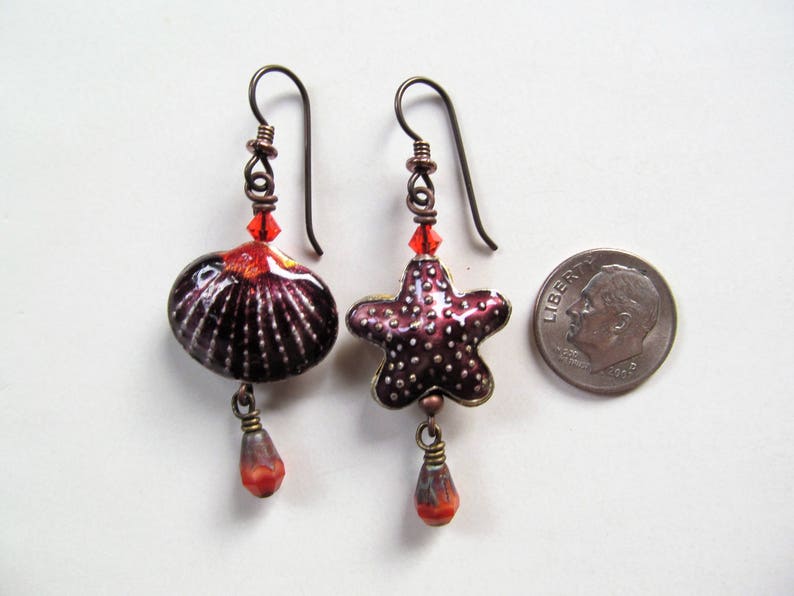 Shell and Starfish Purple and Orange Cloisonne Seashell and Starfish with Orange Swarovski Crystal Beaded Niobium Earrings BeadedTail image 7