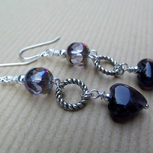 SALE Amethyst Hearts and Purple Iridescent Beads Sterling Silver Earrings image 3