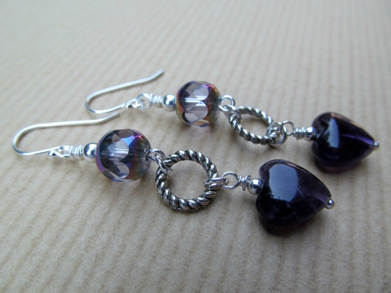 SALE Amethyst Hearts and Purple Iridescent Beads Sterling Silver Earrings image 3