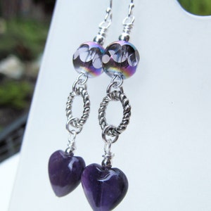 SALE Amethyst Hearts and Purple Iridescent Beads Sterling Silver Earrings image 1