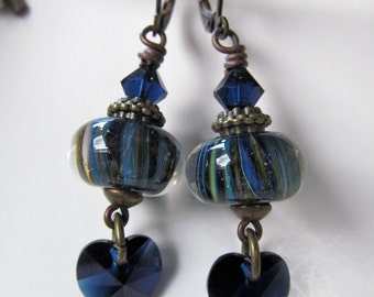Blue Hearts - Blue Striped Lampwork Glass and Dark Blue Crystals Leverback Earrings