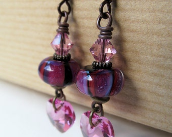 Hearts - Pink and Black Lampwork and Rose Crystals Beaded Niobium Earrings