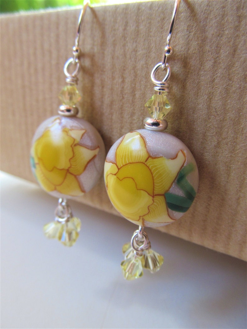 Yellow Daffodil Polymer Clay and Swarovski Crystal Beaded Sterling Silver Earrings BeadedTail Spring Flowers image 1