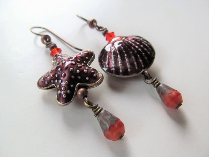 Shell and Starfish Purple and Orange Cloisonne Seashell and Starfish with Orange Swarovski Crystal Beaded Niobium Earrings BeadedTail image 6