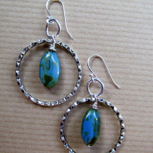 Blue, Green, Brown Czech Glass Hoops Sterling Silver Earrings image 3