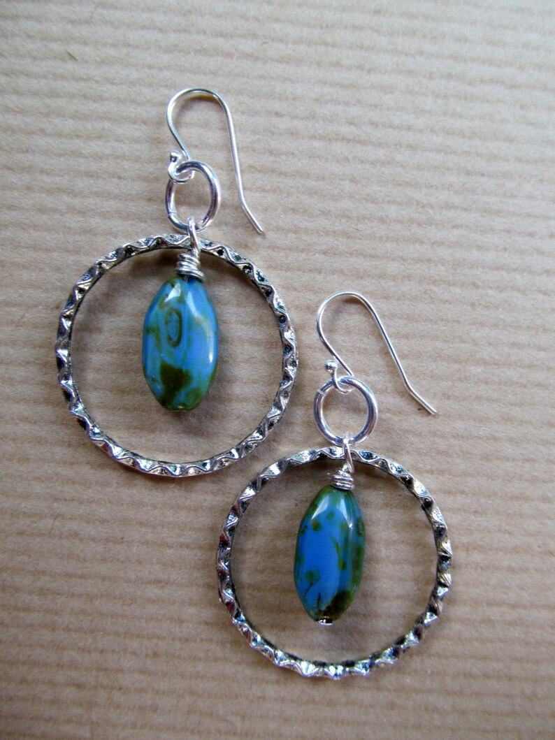 Blue, Green, Brown Czech Glass Hoops Sterling Silver Earrings image 3