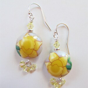 Yellow Daffodil Polymer Clay and Swarovski Crystal Beaded Sterling Silver Earrings BeadedTail Spring Flowers image 3