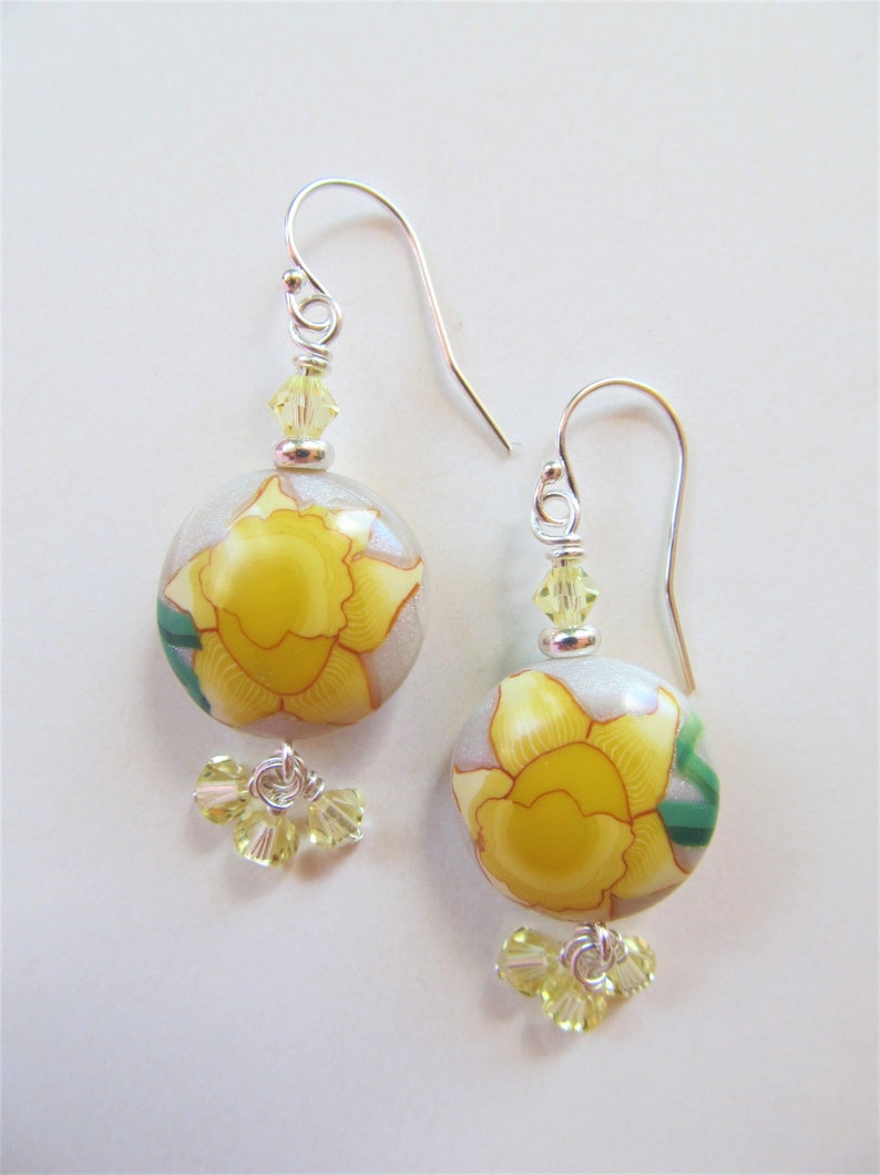 Yellow Daffodil Polymer Clay and Swarovski Crystal Beaded Sterling Silver Earrings BeadedTail Spring Flowers image 3