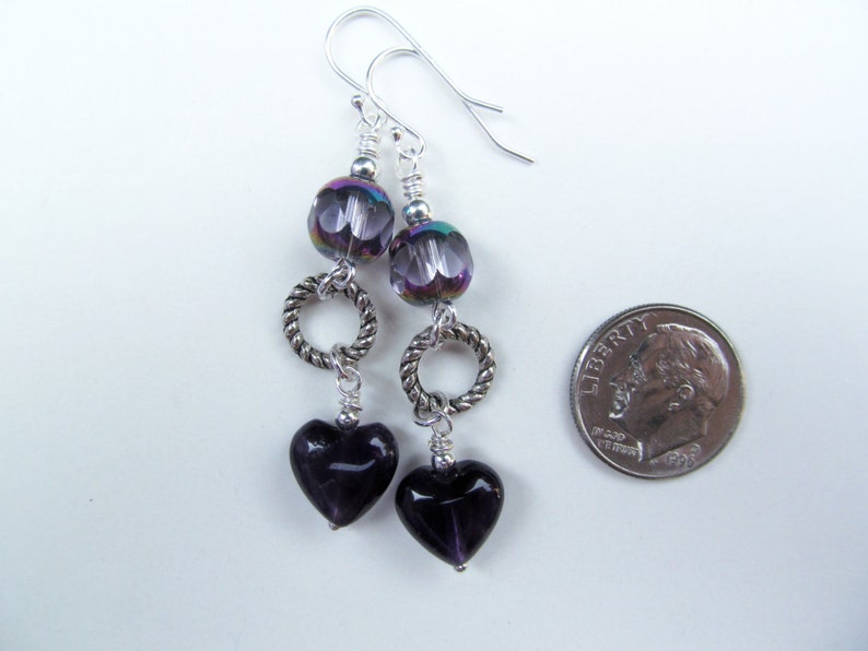 SALE Amethyst Hearts and Purple Iridescent Beads Sterling Silver Earrings image 5
