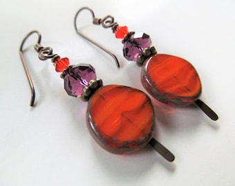 Orange Czech Glass and Amethyst Purple Swarovski Crystal Beaded Niobium Earrings - BeadedTail